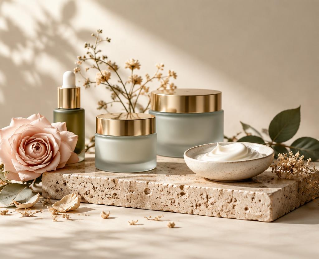 Minimal glass skincare bottles on travertine stone